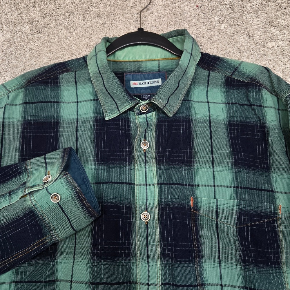 32 Bar Blues‎ shirt mens XL Green Blue Plaid Button up Long Sleeve